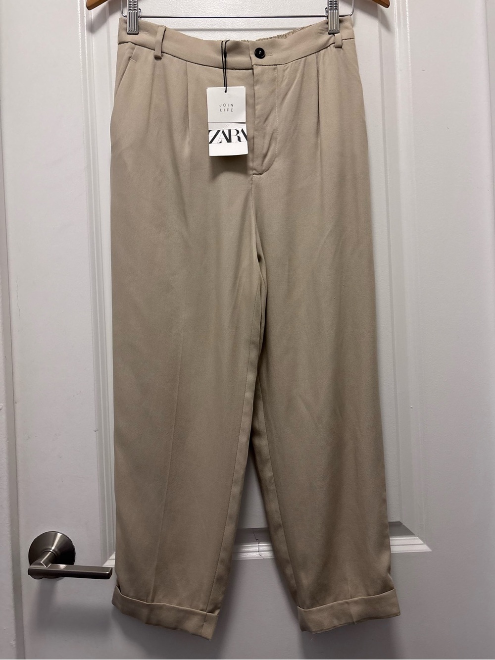 Zara Beige High-Waist Pleated Trousers